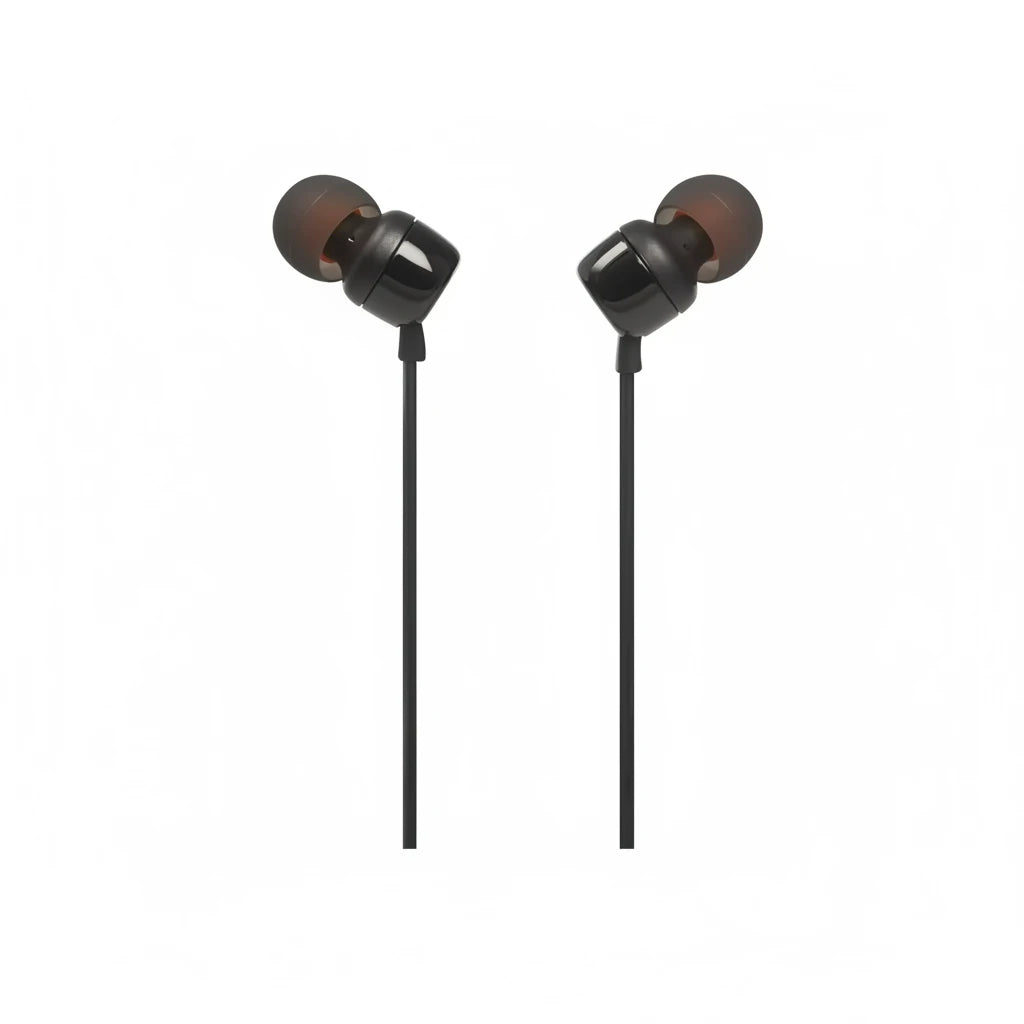 JBL Tune 110 Wired In-Ear Headphones, Deep and Powerful Pure Bass Sound, 1-Button Remote/Mic, Tangle-Free Flat Cable, Ultra Comfortable Fit - Black, JBLT110BLK