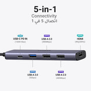 UGREEN USB C Hub 5 in 1 100W PD, HDMI 4K30Hz Adapter, 3 USB A Data Ports