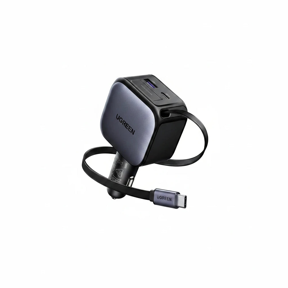 UGREEN 60W Car Charger Fast Charging 3Ports with Retractable Type C Cable