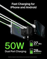 Belkin 2-Port USB-C Plug 50W, Dual-Port GaN Charger with 2x USB C Ports, Fast Charging for MacBook, iPhone 17, iPad Pro, Chromebook, Galaxy S25 Ultra, Pixel 10, etc. - Travel Essentials - Black
