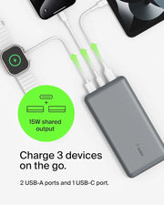 Belkin Portable Charger, USB C Power Bank 20000 mAh w/2 USB-A Ports, 15W w/A to C Cable - iPhone 17, Air, Pro, Pro Max, AirPods, Samsung Galaxy S25,iPad,Nintendo Switch 2,Google Pixel 10 – Space Gray