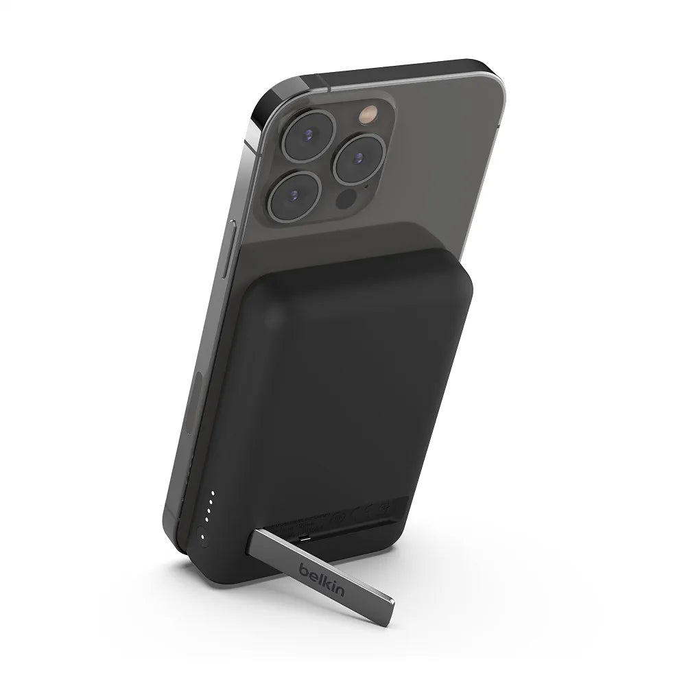 Belkin 5000mAh Magnetic Wireless Power Bank, Portable Charger Compatible with MagSafe with Pass-thru Charging, 7.5W Output, 10W Input and Kickstand, Compatible with iPhone 17, Air, Pixelsnap – Black