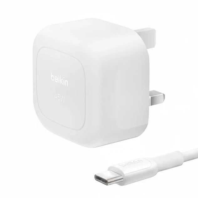 Belkin Compact Wall Charger 45W + USB-C to USB-C Cable, Fast Charging for Apple iPhone 17, iPhone Air, iPhone 16 Serie, Samsung Galaxy S25, Google Pixel, iPad, AirPods & More - White