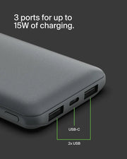 Belkin BoostCharge 10000mAh Power Bank with USB-C and USB-A Ports - Grey