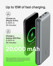 Belkin Portable Charger, USB C Power Bank 20000 mAh w/2 USB-A Ports, 15W w/A to C Cable - iPhone 17, Air, Pro, Pro Max, AirPods, Samsung Galaxy S25,iPad,Nintendo Switch 2,Google Pixel 10 – Space Gray